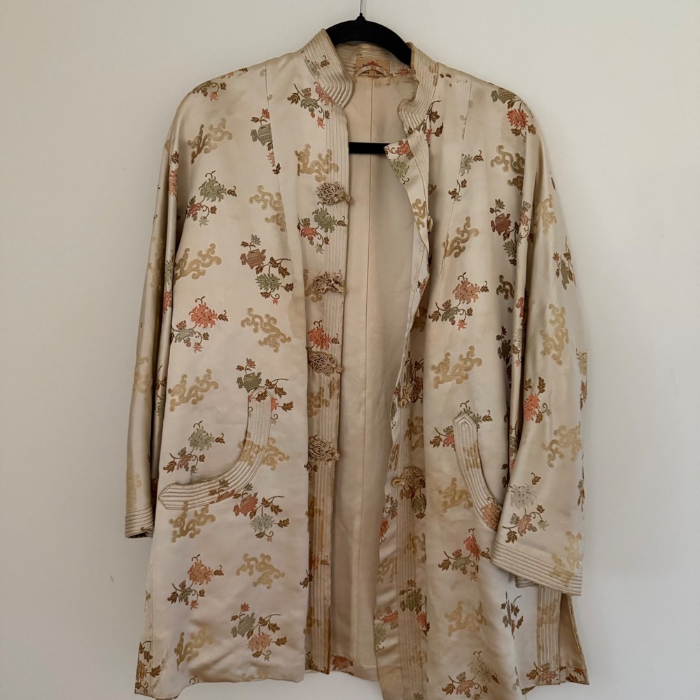 Vintage Dynasty Hong Kong Brocade Jacket Kimono  Floral Embroidered Satin Sz M